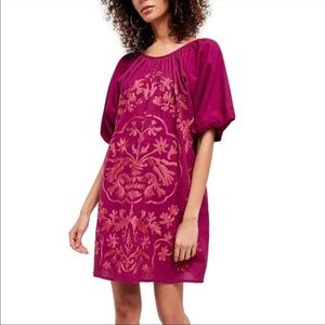 Free People Fiona Embroidered Bright Plum Short Sleeve Dress